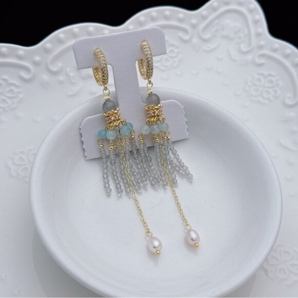 E100 Handmade Freshwater Pearl Aqua Marine  Labradorite Earrings - Picture 2 of 4